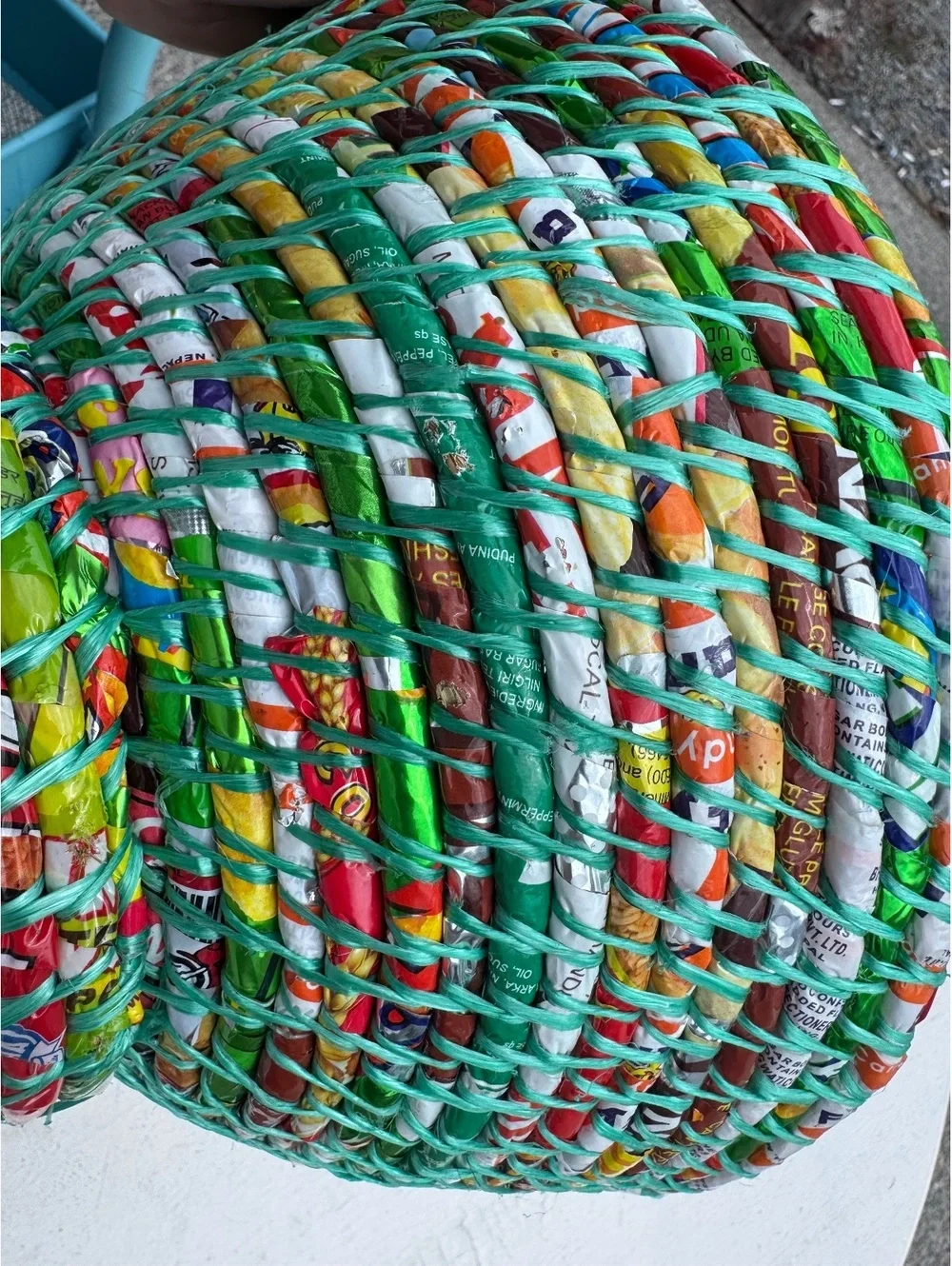 Handmade Upcycled Recycled Wrapper Basket Bowl Colorful Woven Folk Art 12”
